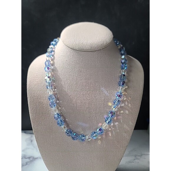 Aurora Borealis Crystal Blue And Clear Adjustable Beaded Necklace Vintage - Picture 4 of 10